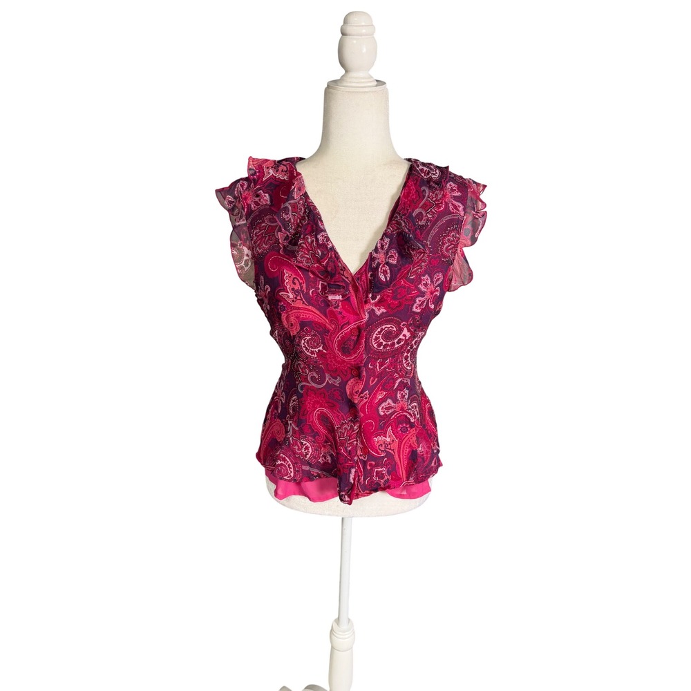 Y2K Worthington Silk Paisley Ruffle Blouse Pink Sheer Romantic Boho Size 10